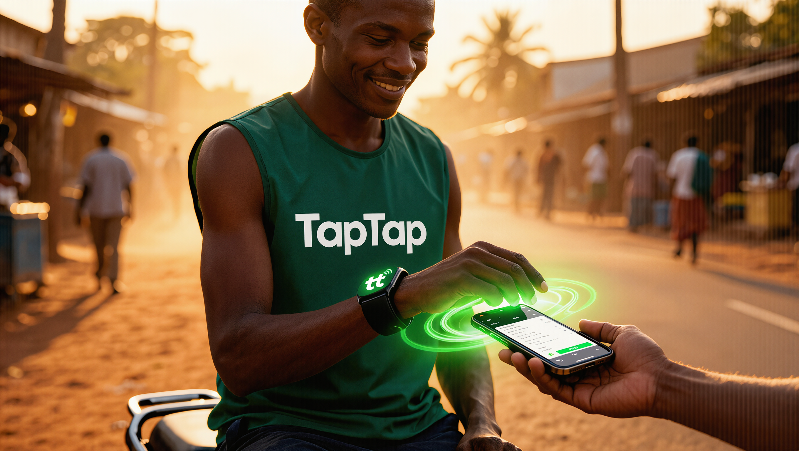 A TapTap merchant getting paid with a tap on a Tanzanian street
